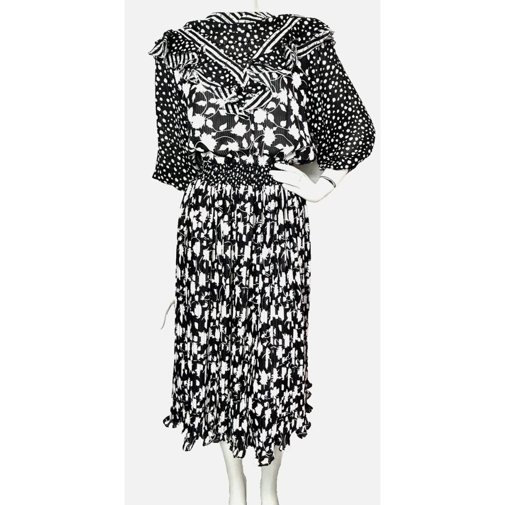 80s Diane Freis Graphic Ruffle Pleat Dress Size Large Black White Lng Sleeve EUC